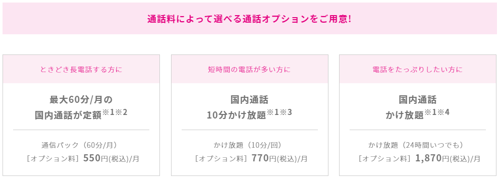 通話料によって選べる通話オプションをご用意 ときどき長電話する方に 最大60分/月の国内通話が定額※1※2 オプション料税込550円/月 短時間の電話が多い方に 国内通話10分/回かけ放題※1※3 オプション料税込770円/月 電話をたっぷりしたい方に 国内通話24時間いつでもかけ放題※1※4 オプション料税込1,870円/月